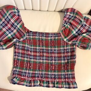 American Eagle Outfitters Plaid Puff Sleeve Top - Red, Green, Blue